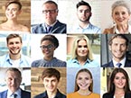 Twenty-eight different young and old people group headshots in collage, men, women representing implicit bias in healthcare