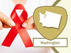 Female healthcare professional in white scrubs holding a red ribbon for HIV/AIDS prevention and Washington state outline