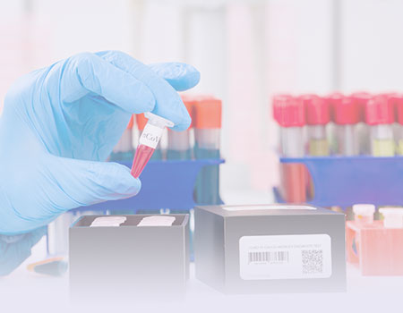 Left hand in blue medical glove holding blood vial and more lab vials in backgroud for laboratory diagnostics nursing CEUs