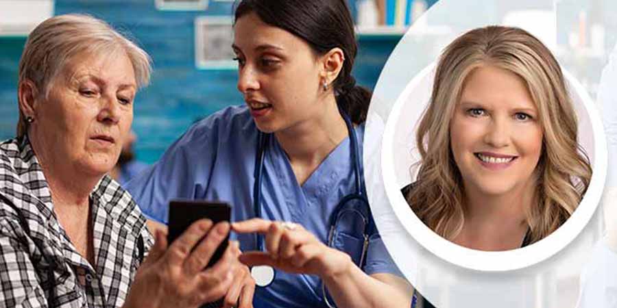 Nurse patiently explaining a diagnosis to an elderly lady.