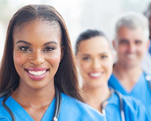 Close up picture of a group of multi-cultural nurses
