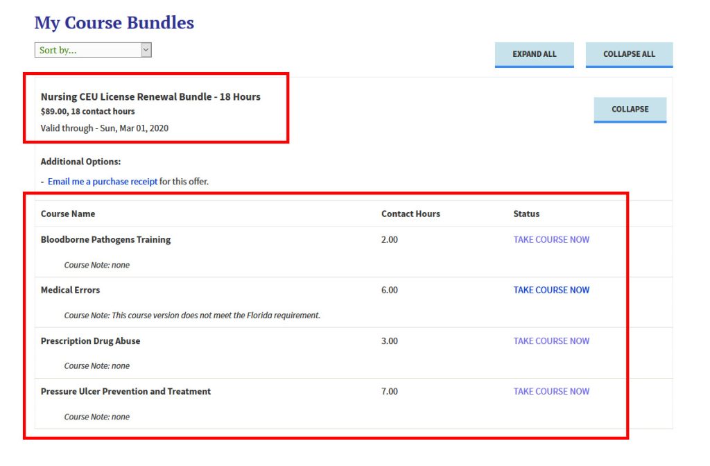 Review the details of your Course Bundle in your account