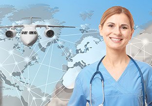 Nurse in front of a travel map