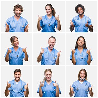 LPN vs RN photos of male and female nurses in scrubs