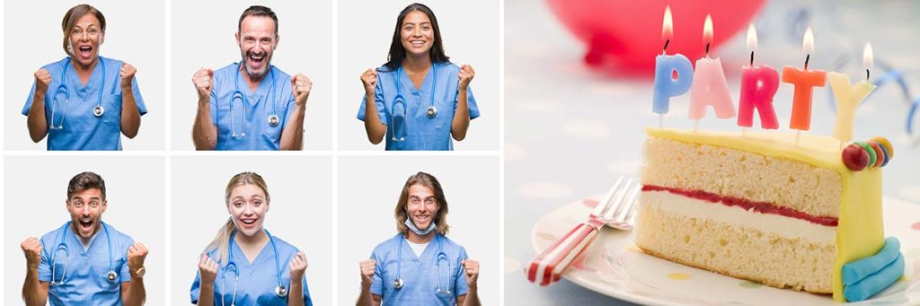 Collage of nurses cheering and a slice of cake.