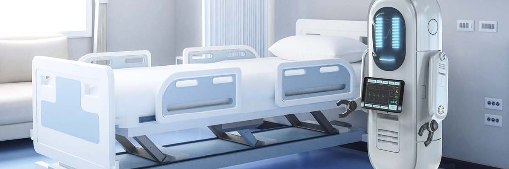 Artificial intelligence driven nursing robot standing next to a hospital bed waiting for instructions.