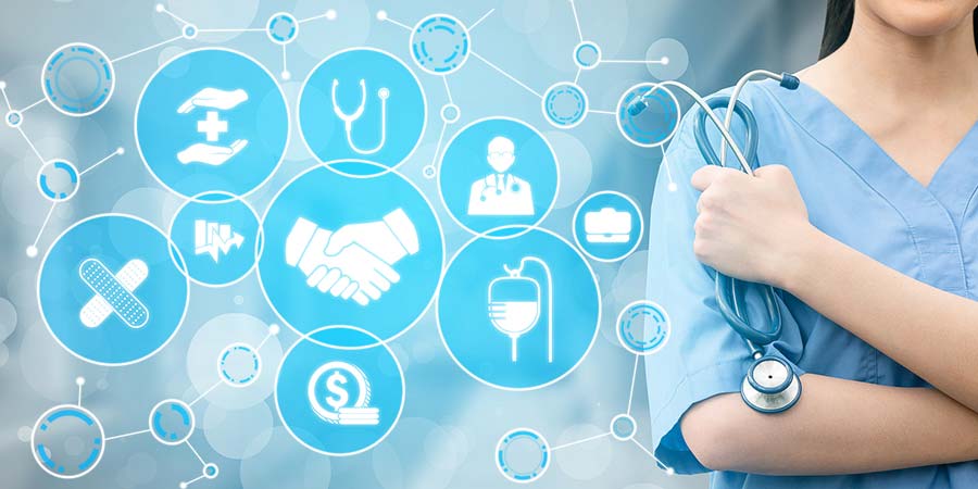 To the right, a nurse is holding a stethoscope in her hand. Healthcare icons connected by glowing lines, representative for AI in the future of nursing are on the left