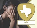 Woman's head with dark hair holding her face in both of her hands representing human trafficking and Texas state outline