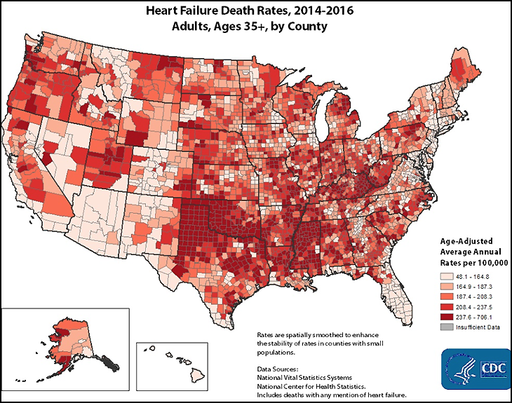 Map showing U.S. heart failure death rates by county, 2014-2016.