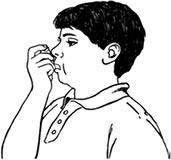 Patient breathing into an inhaler