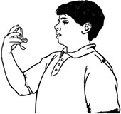 Patient holding an inhaler upright
