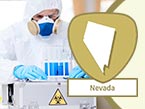 Man in full-body protection suit and gloves holding blue lab tubes for bioterrorism and Nevada state outline