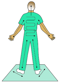 right: Body scan illustration of survey for radiation contamination, back view.