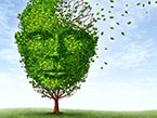 Drawing of head as tree out of green leaves with leaves blowing away representing memory loss and Alzheimer's and Dementia