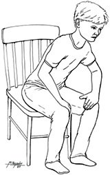 Illustration showing a person seated in tripod position as commonly seen in persons with COPD and emphysema
