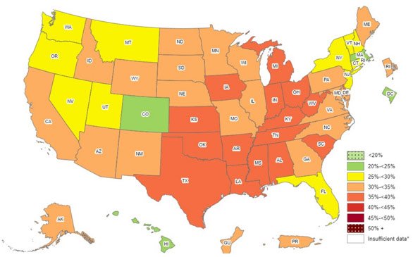 Map showing prevalence of self-reported obesity among U.S. adults by state and territory