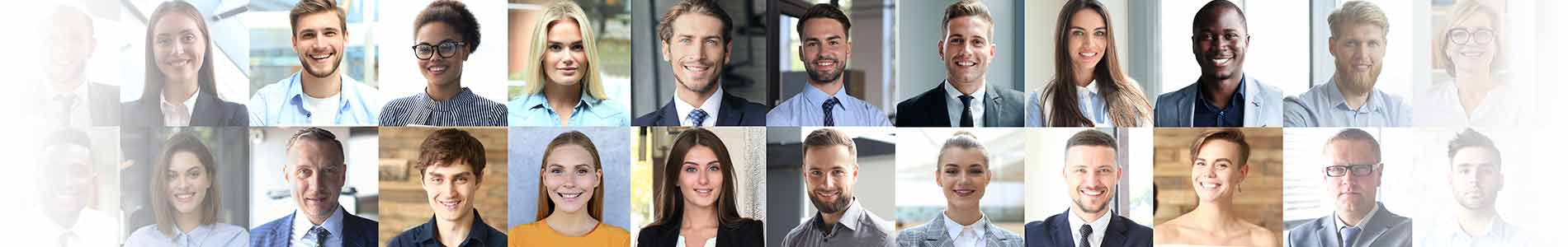 Twenty-eight different young and old people group headshots in collage, men, women representing implicit bias in healthcare