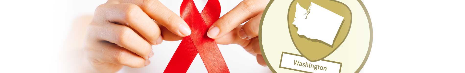 Female healthcare professional in white scrubs holding a red ribbon for HIV/AIDS prevention and Washington state outline