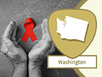 Two hands pointing away from viewer, surrounding red ribbon representing HIV/AIDS prevention and Washington state outline