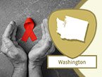 Two hands pointing away from viewer, surrounding red ribbon representing HIV/AIDS prevention and Washington state outline