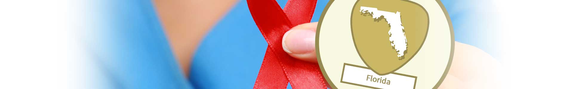 Female nurse in blue scrubs holding a red ribbon representing HIV/AIDS prevention and Florida state outline