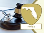Gavel and stethoscope representing medical laws and rules on a light surface and the Florida state outline
