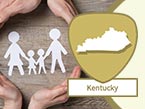 Injured and sad-looking woman with black eye from domestic violence and Kentucky state outline