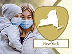 Blond woman holding toddler with blue hat both wearing face masks for infection control and New York state outline