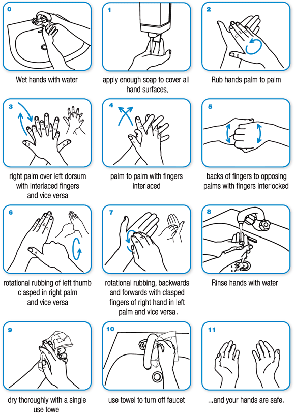 Step-by-step instructions for washing hands with soap and water.