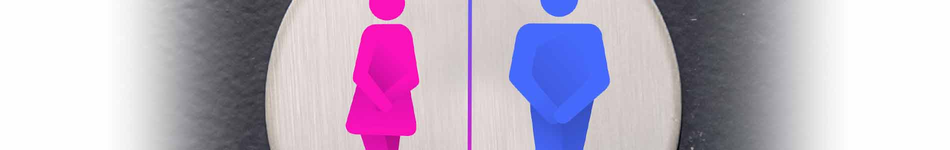 Gray circle with a pink female and blue male icon inside, both crossing their legs tightly representing urinary incontinence
