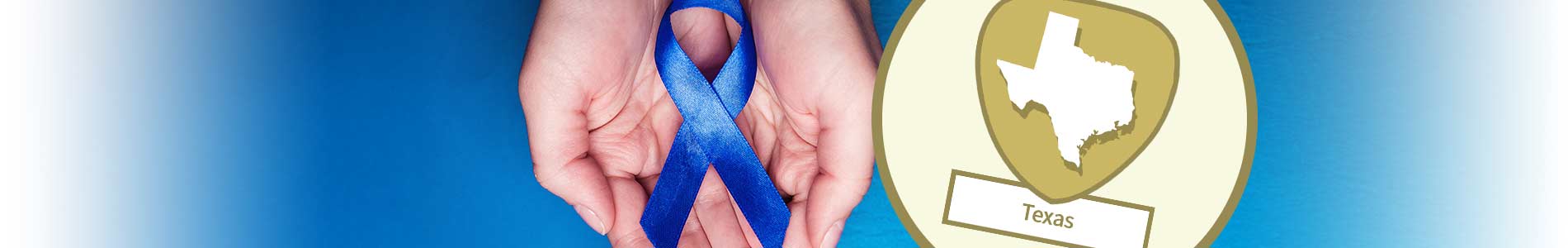 A pair of hands cupping a blue ribbon representing human trafficking and Texas State outline