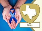 Woman's head with dark hair holding her face in both of her hands representing human trafficking and Texas state outline