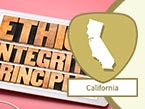 Califonia state outline and the words Ethics, Integrity and Principles written on pink background
