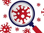 Drawing of Coronavirus or COVID-19 in red under blue microscope