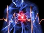 X-ray image of patient chest from the front in blue with red beating heart for heart failure