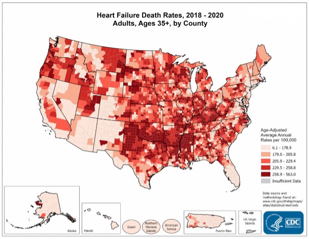 Map showing U.S. heart failure death rates by county, 2018–2020.