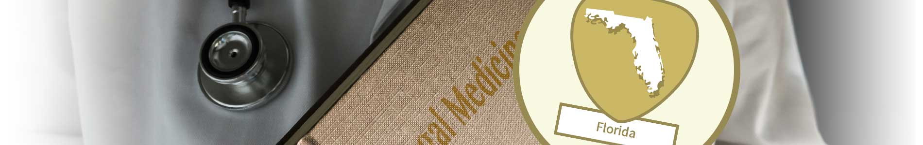 Physical Therapist in white coat holding book with title Legal Medicine on his chest and Florida state outline