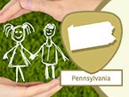 Hand drawn picture in a child like style of a girl and boy with two hands above and below enclosing the picture denoting protection on a green grass background with a Pennsylvania state logo.