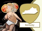 Illustrated drawing of a baby being shaken with the head depicted in multiple stages of movement showing head trauma and the Kentucky state outline