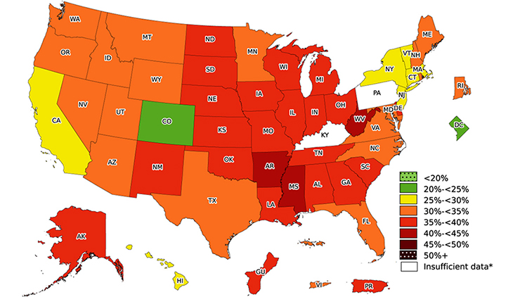 Map showing prevalence of self-reported obesity among U.S. adults by state and territory
