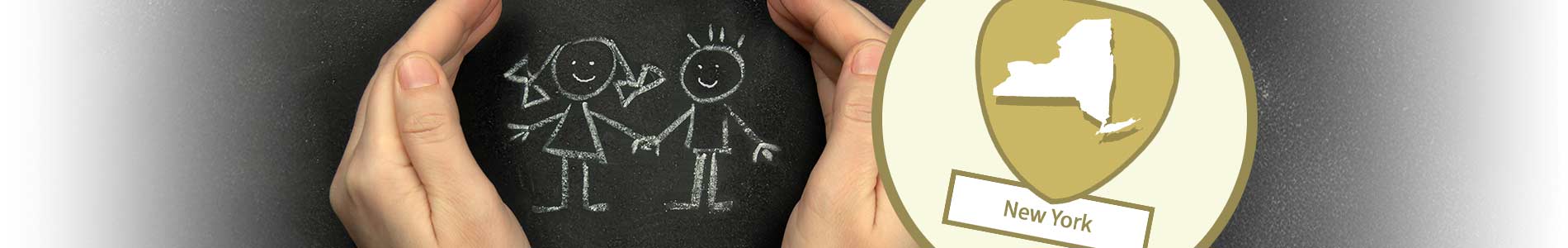 Two hands surrounding a chalk drawing of a boy and girl holding hands denoting protection of children and New York state logo