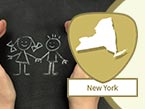 Two hands surrounding a chalk drawing of a boy and girl holding hands denoting protection of children and New York state logo