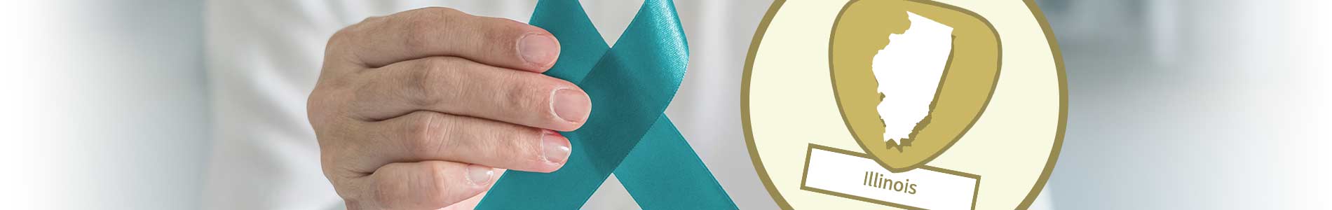 Hand holding up a teal colored ribbon representing sexual violence prevention and Illinois State outline