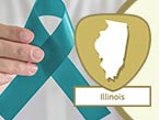 Hand holding up a teal colored ribbon representing sexual violence prevention and Illinois State outline