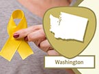 Woman holding up yellow ribbon representing suicide awareness and treatment and Washington state icon