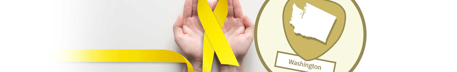 A yellow ribbon with a long single tail sitting on top of two open hands representing suicide awareness and prevention and washington state icon.