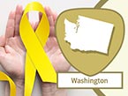 A yellow ribbon with a long single tail sitting on top of two open hands representing suicide awareness and prevention and washington state icon.