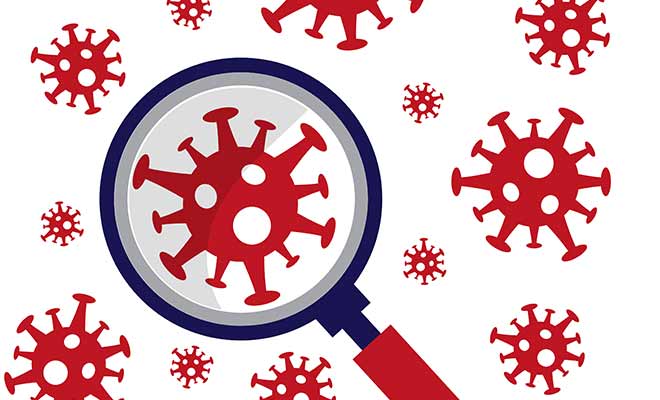 Drawing of Coronavirus or COVID-19 in red under blue microscope